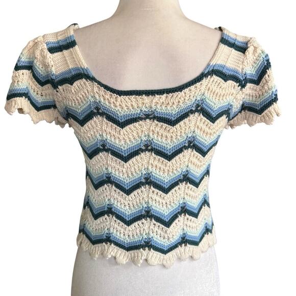 Altar'd State Womens Fashion Wave Stripe Print Crochet Top Blue M Bohemian Boho - Picture 3 of 10
